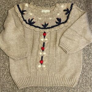 Women's Vintage Hand Knit Sweater with Navy Accents